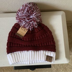 NWT OS C. C Brand maroon/white Pom Pom 
Beanie hat.  Retail 29.99.
